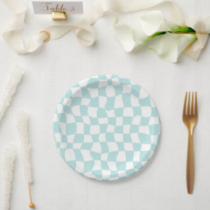 Retro Groovy Pastel Blue White Karos Schachtelt Pappteller