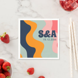 Retro Groovy Pastel Pink Blue Orange Wedding Serviette