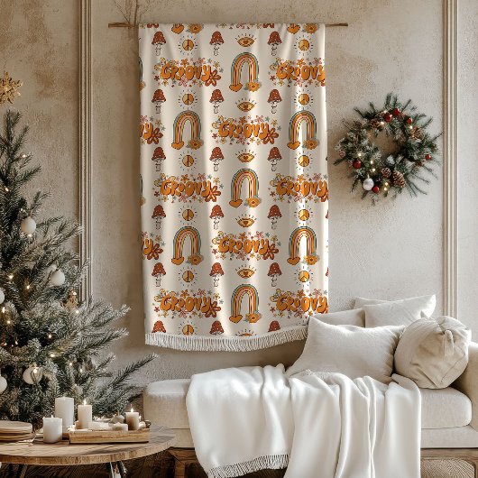 Retro Groovy Pastel Rainbows and Mushrooms Blanket Fleecedecke