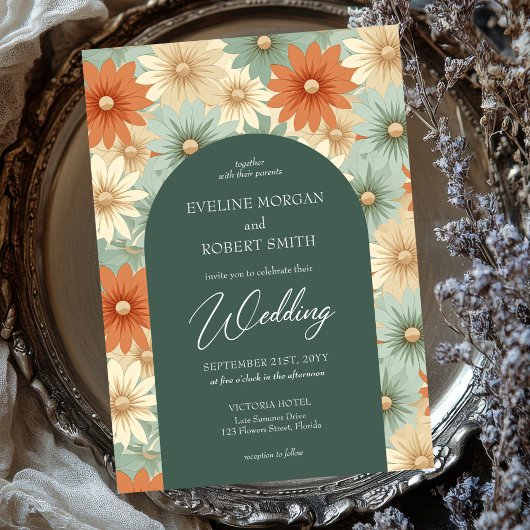 Retro Groovy Pastellfarben Blume boho arch Einladung