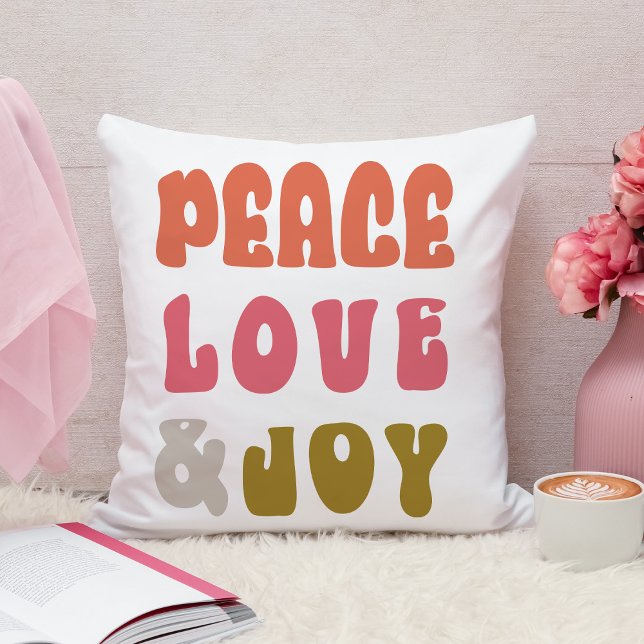 Retro Groovy Peace Liebe Joy Holiday Kissen (Back Photo Retro Groovy Peace Love Joy Holiday Photo Throw Pillow)