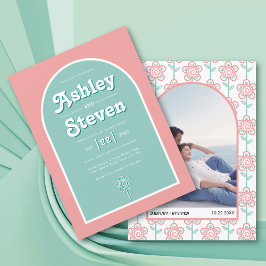 Retro Groovy Peach and aqua 70er inspiriert Hochze Einladung