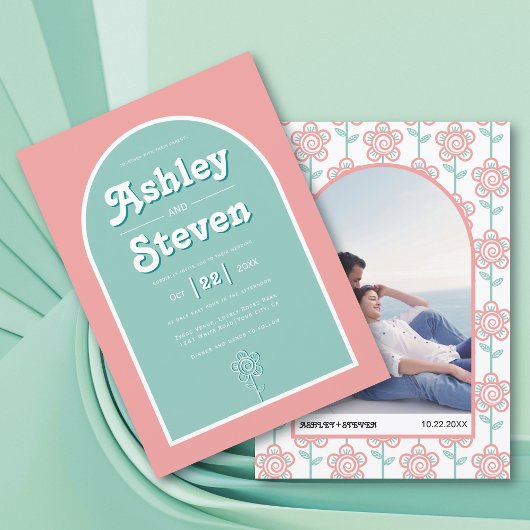 Retro Groovy Peach and aqua 70er inspiriert Hochze Einladung