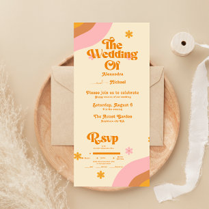 Retro Groovy Pink and Gold Wave Wedding All In One Einladung