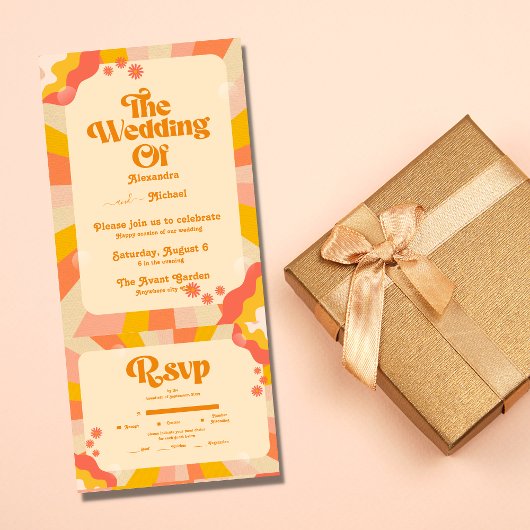 Retro Groovy Pink and Gold Wave Wedding All In One Einladung