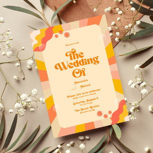 Retro Groovy Pink and Gold Wave Wedding Einladung