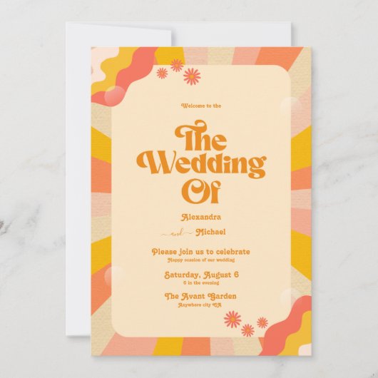 Retro Groovy Pink and Gold Wave Wedding Einladung (Vorderseite)