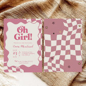 Retro Groovy Pink Checkered Oh Girl Baby Shower Einladung
