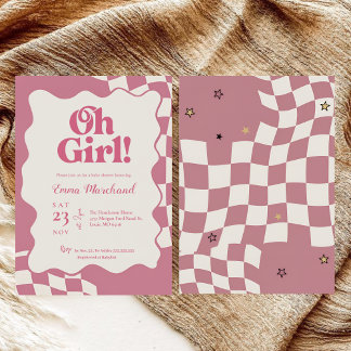 Retro Groovy Pink Checkered Oh Girl Baby Shower Einladung