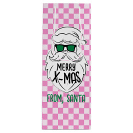 Retro Groovy Pink Checkered Santa Claus Christmas  Geschenktüte Für Weinflaschen