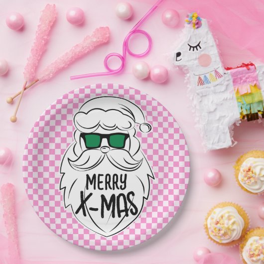 Retro Groovy Pink Checkered Santa Claus Christmas Pappteller (Party)