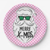 Retro Groovy Pink Checkered Santa Claus Christmas Pappteller (Vorderseite)