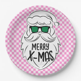 Retro Groovy Pink Checkered Santa Claus Christmas  Pappteller