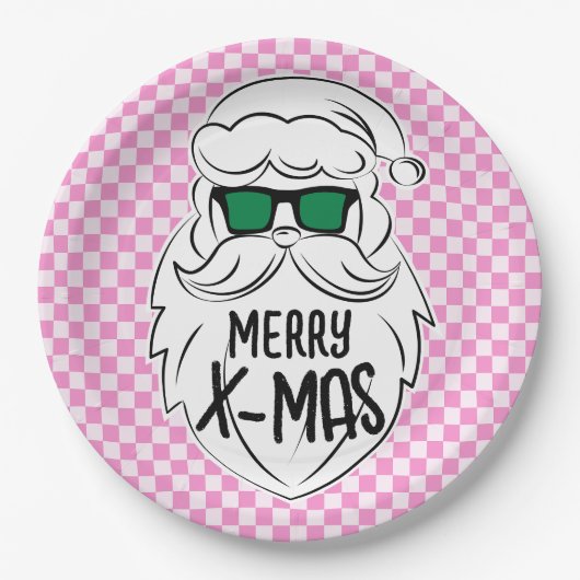 Retro Groovy Pink Checkered Santa Claus Christmas  Pappteller (Vorderseite)