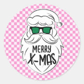 Retro Groovy Pink Checkered Santa Claus Christmas Runder Aufkleber (Vorderseite)