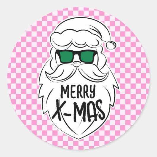 Retro Groovy Pink Checkered Santa Claus Christmas Runder Aufkleber (Vorderseite)