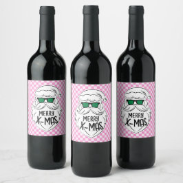 Retro Groovy Pink Checkered Santa Claus Christmas  Weinetikett
