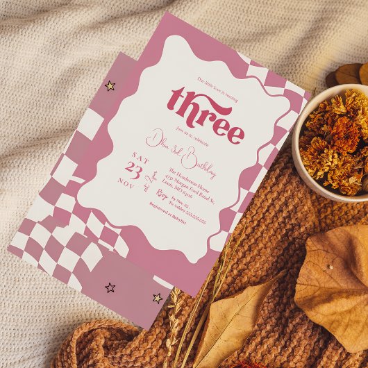 Retro Groovy Pink Checkered Three 3rd Birthday Inv Einladung