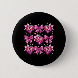 Retro Groovy Pink Coquette Bow Strawberry Valentin Button