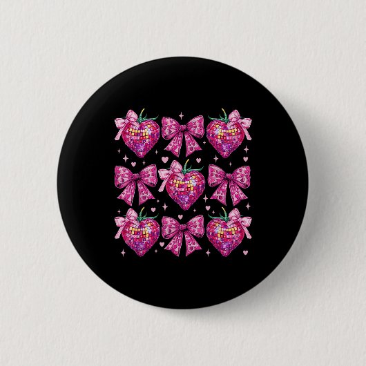 Retro Groovy Pink Coquette Bow Strawberry Valentin Button (Vorderseite)
