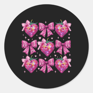 Retro Groovy Pink Coquette Bow Strawberry Valentin Runder Aufkleber