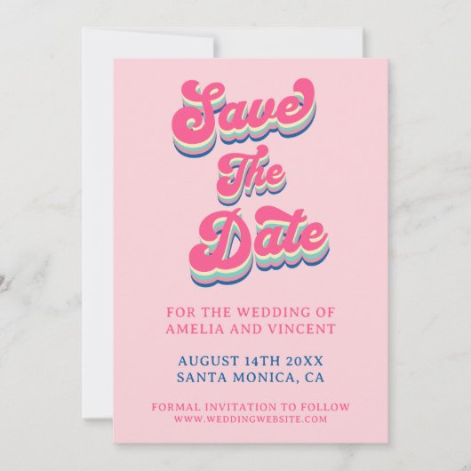 Retro Groovy Pink Typografy Wedding Save The Date (Vorderseite)