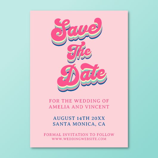Retro Groovy Pink Typografy Wedding Save The Date