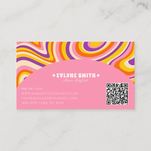 Retro Groovy Pink White QR Code 70er Psychedelic Visitenkarte (Rückseite)