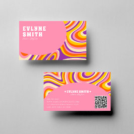 Retro Groovy Pink White QR Code 70er Psychedelic Visitenkarte