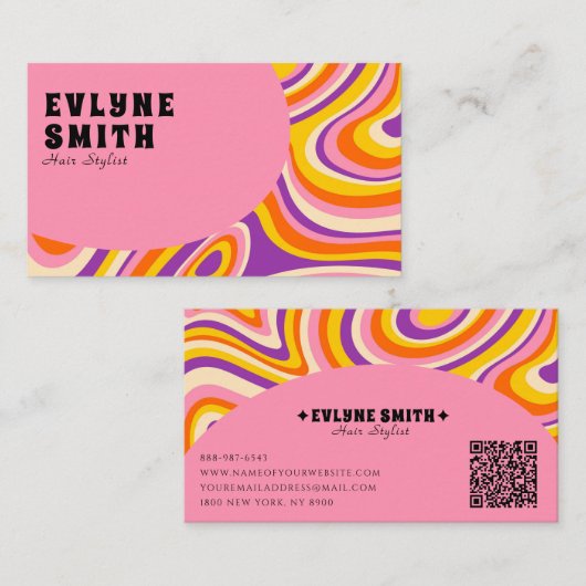 Retro Groovy Pink Yellow QR Code 70er Psychedelic Visitenkarte (Vorne/Hinten)