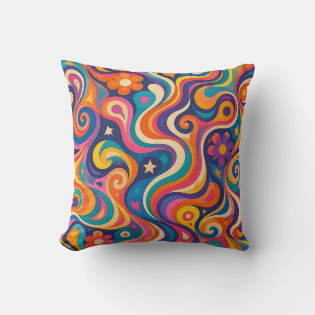 Retro Groovy psychedelisches Wirbelmuster Kissen (Vorderseite)