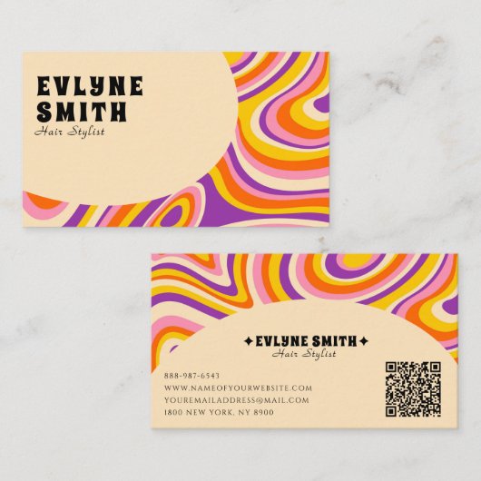 Retro Groovy QR Code 70er Psychedelic Haairs Styli Visitenkarte (Vorne/Hinten)