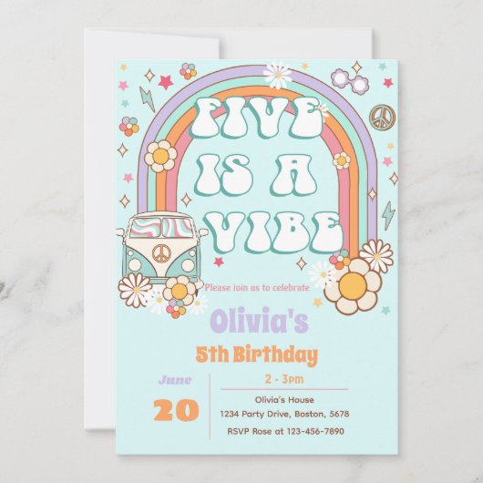 Retro Groovy Rainbow 5. Geburtstag Einladung (Vorderseite)