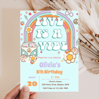 Retro Groovy Rainbow 5. Geburtstag Einladung