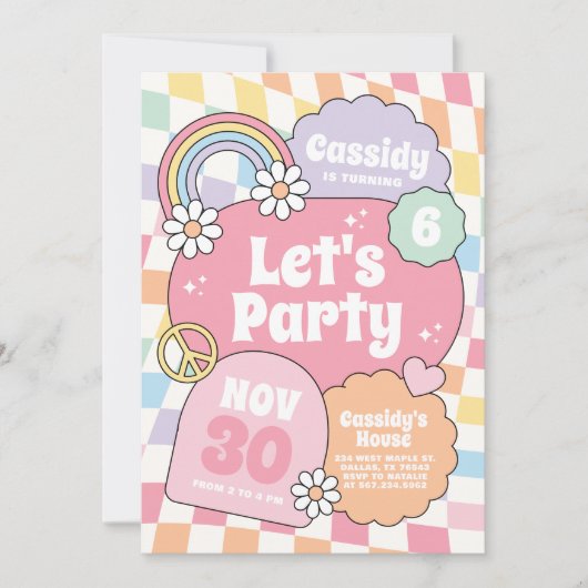 Retro Groovy Rainbow Checker Girl Birthday Einladung (Vorderseite)