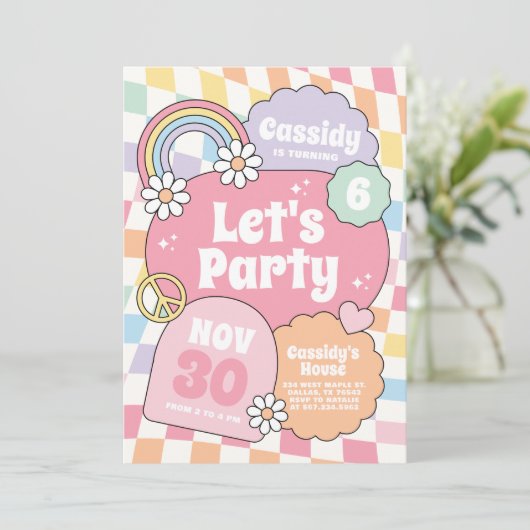 Retro Groovy Rainbow Checker Girl Birthday Einladung (Stehend Vorderseite)