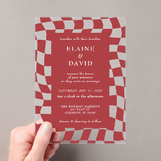 Retro Groovy Red Checkerboard Wedding Acryleinladungen