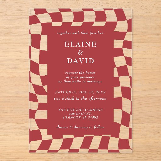 Retro Groovy Red Checkerboard Wedding Acryleinladungen (Vorderseite)