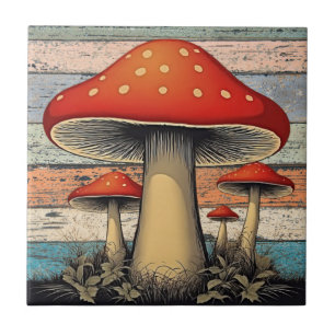 Retro Groovy Red Mushrooms auf Rustikalem Holz Fliese