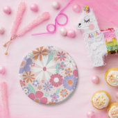 Retro Groovy Rosa Blumen Papier Teller (Party)