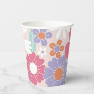 Retro Groovy Rosa Blumen Papier Teller Pappbecher