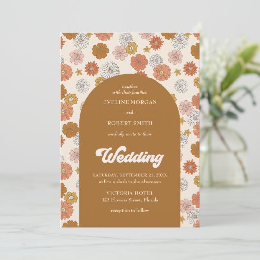 Retro Groovy rosa, rosafarbener, orangefarbener El Einladung (Stehend Vorderseite)