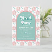 Retro Groovy rosa und aqua Blume 70er Abschluss Einladung (Stehend Vorderseite)
