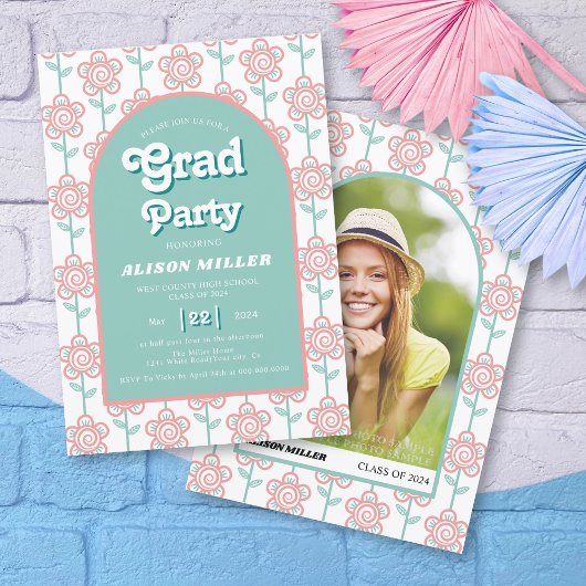 Retro Groovy rosa und aqua Blume 70er Abschluss Einladung