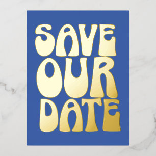 Retro Groovy Save The Date Französisch Blau Gold Folie Einladungspostkarte