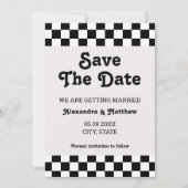 Retro Groovy Schwarz und Weiß kariert Save The Date (Vorderseite)