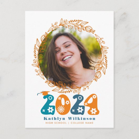 Retro Groovy Script Terracotta Floral Abschluss Ankündigungspostkarte (Vorderseite)