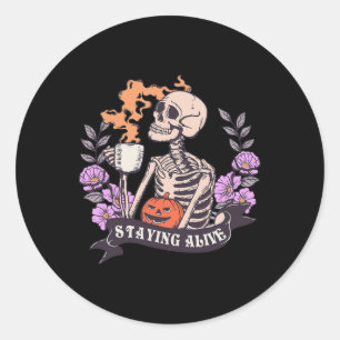 Retro Groovy Skeleton Bleibe Alive Coffee Hallowon Runder Aufkleber