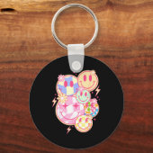 Retro Groovy Smile Face Flower Happy Face Checkere Schlüsselanhänger (Vorderseite)