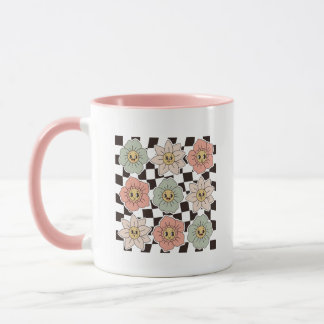 Retro Groovy Smiley-Blumen-Karo-Ästhetik Tasse